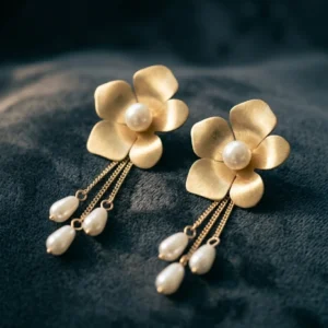 Anti-tarnish Aurora Flower Chain Earrings with gold petals and pearl drops