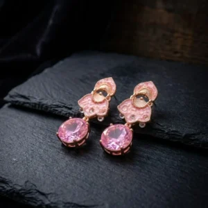 Pink Blush petal danglers earrings with gold finish and crystal drop