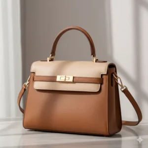 **Picture alt text:** A structured two-tone handbag in tan and beige featuring a top handle, gold-tone front clasp, and a detachable shoulder strap, styled against a neutral background.