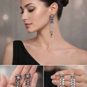 A woman wearing elegant Lavender Bloom Chandelier earrings featuring purple floral studs and sparkling crystal cascades, shown in a lifestyle shot and close-up detail.