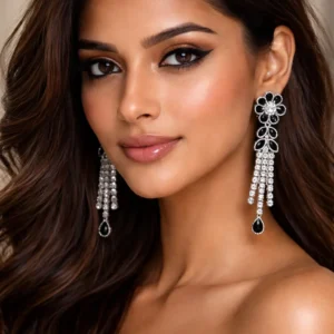 Pair of Midnight Glam Black Crystal Chandelier Earrings featuring a silver-tone floral stud and shimmering crystal tassels.