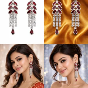 Ruby Bloom Chandeliers: Red Crystal Chandelier Earrings with a floral stud and clear crystal tassels on a water-effect background.